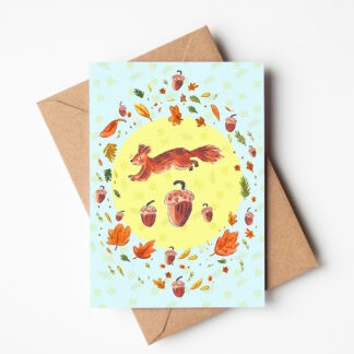 Jumping Squirrel and Acorns Wildlife Greetings Card