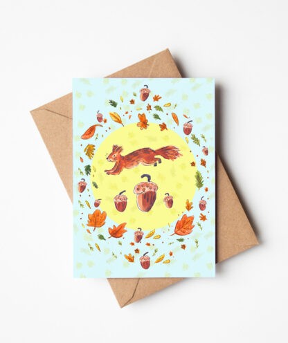 Jumping Squirrel and Acorns Wildlife Greetings Card